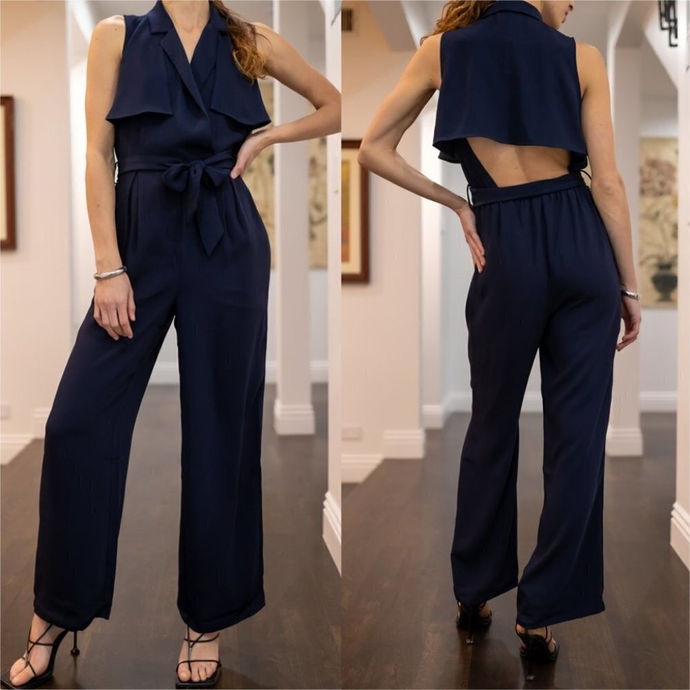 BOHO Navy Notched Collar Wide Leg Jumpsuit